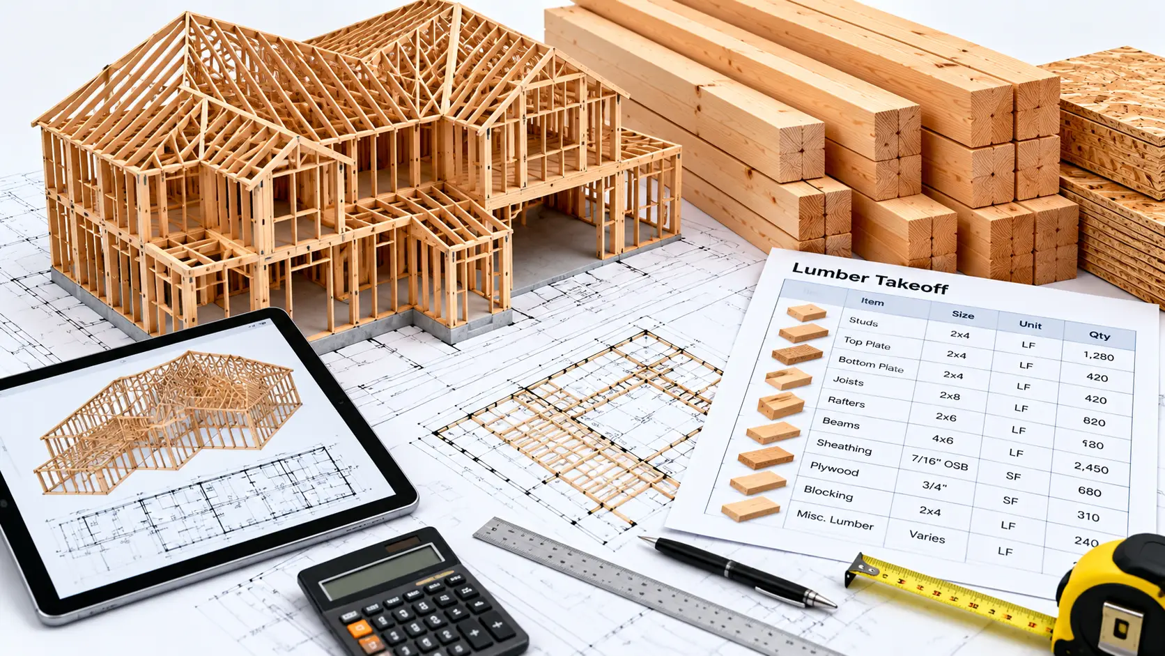 Lumber estimating drawings and framing material quantity review