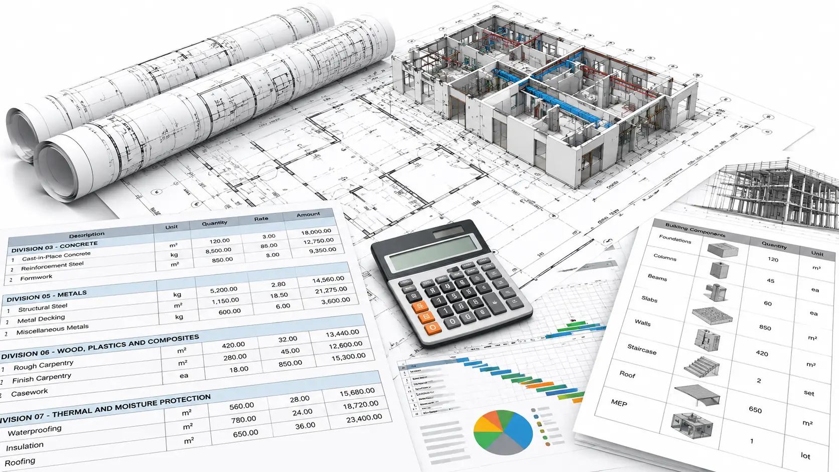 Construction estimating workflow reviewing architectural structural civil and MEP drawings for a Hamilton project
