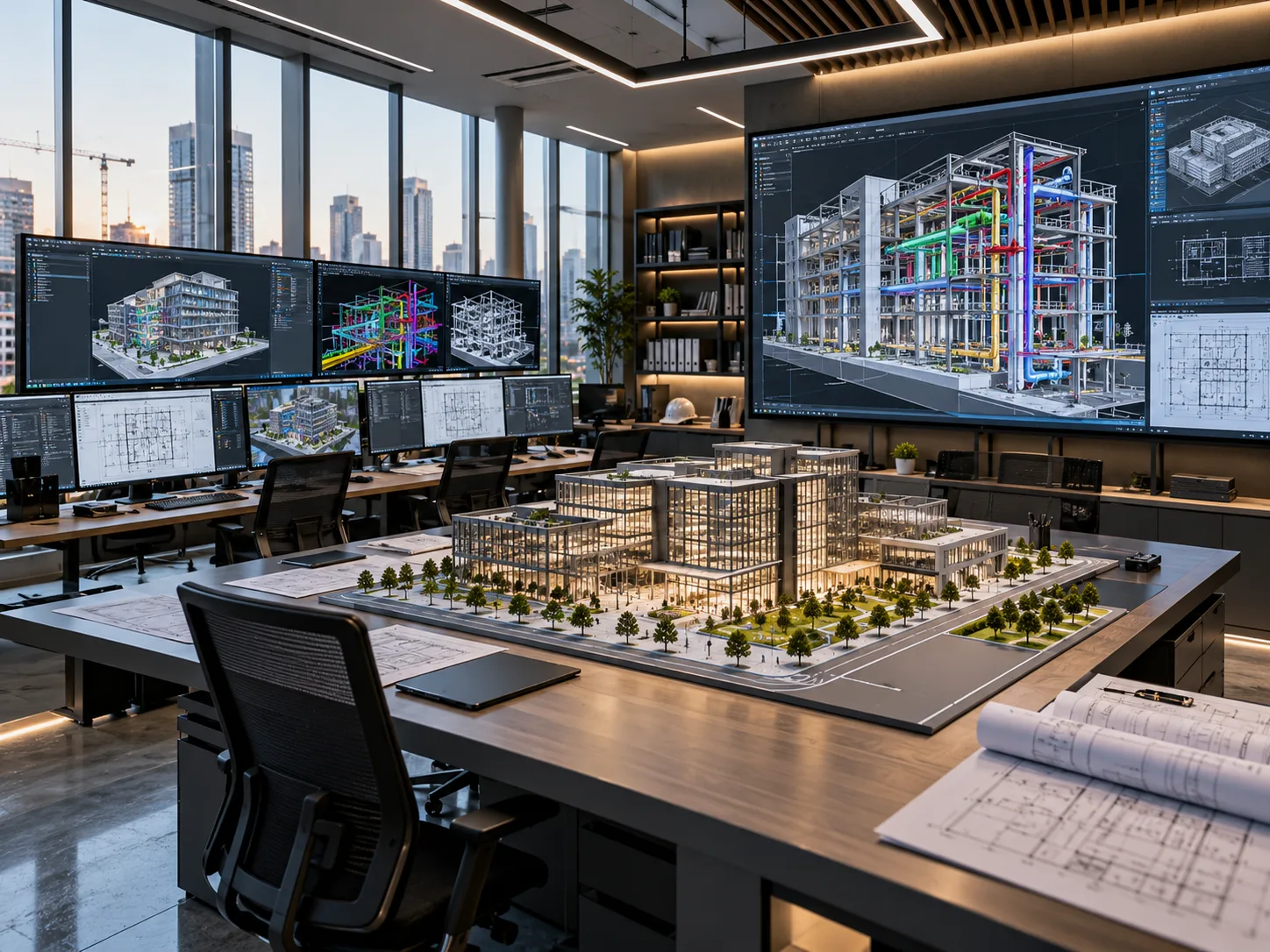 Federated building information model showing structural framing and coordinated MEP building services