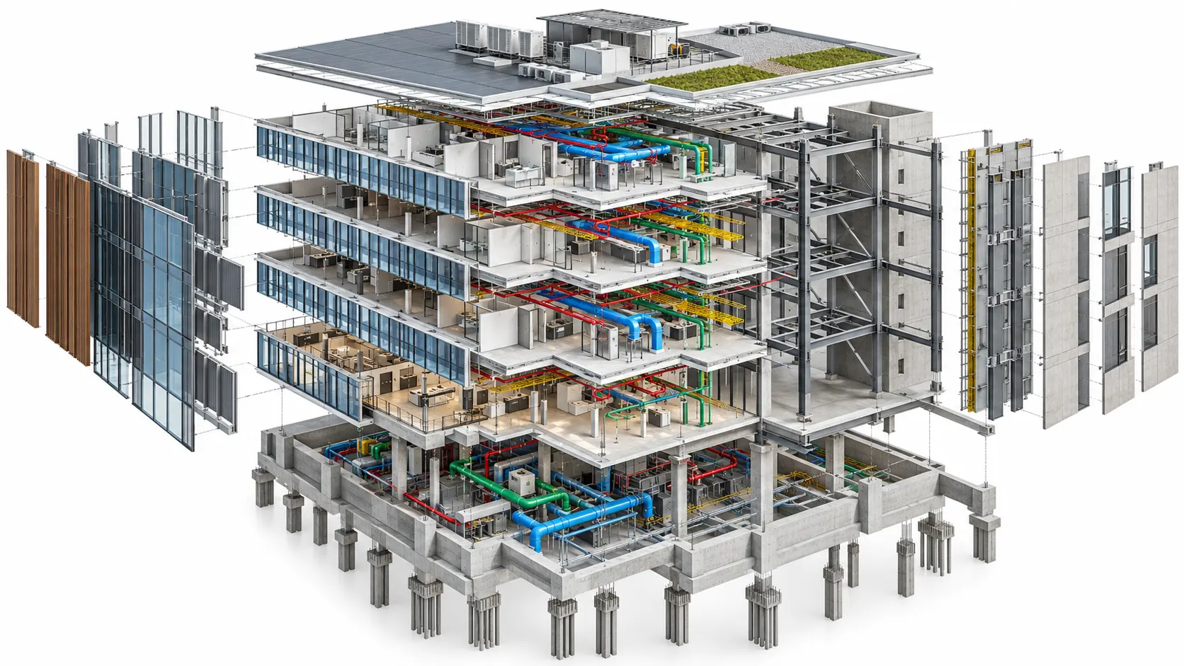 Revit BIM coordination model showing existing building structure and mechanical electrical building services