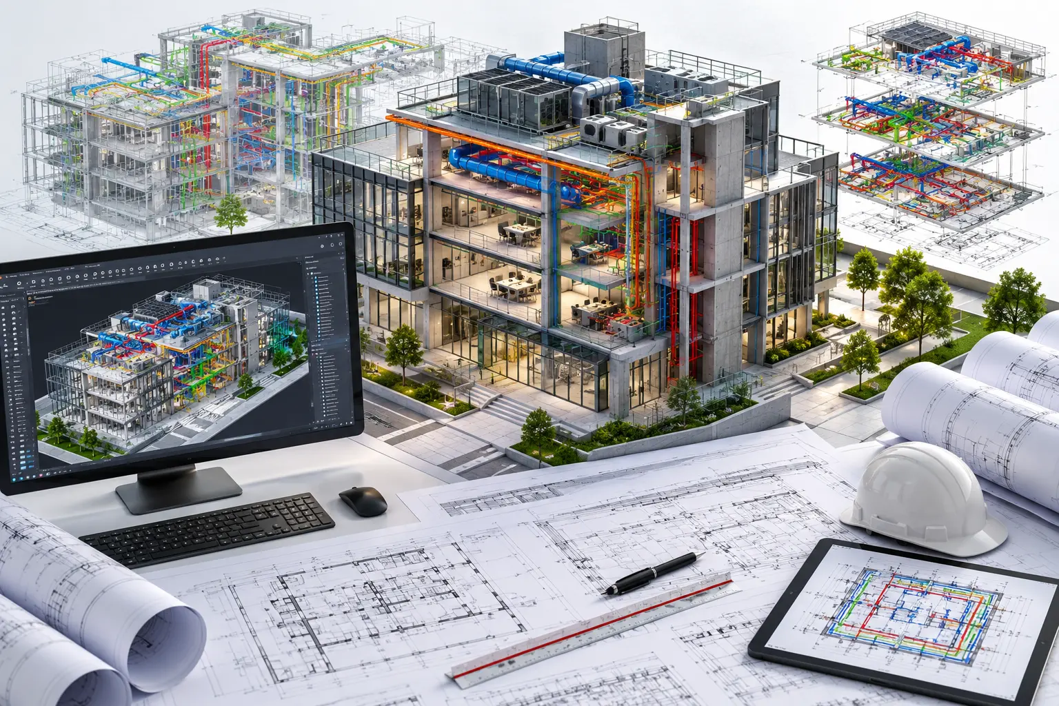 Technical BIM model showing structural and building services coordination for a complex construction project