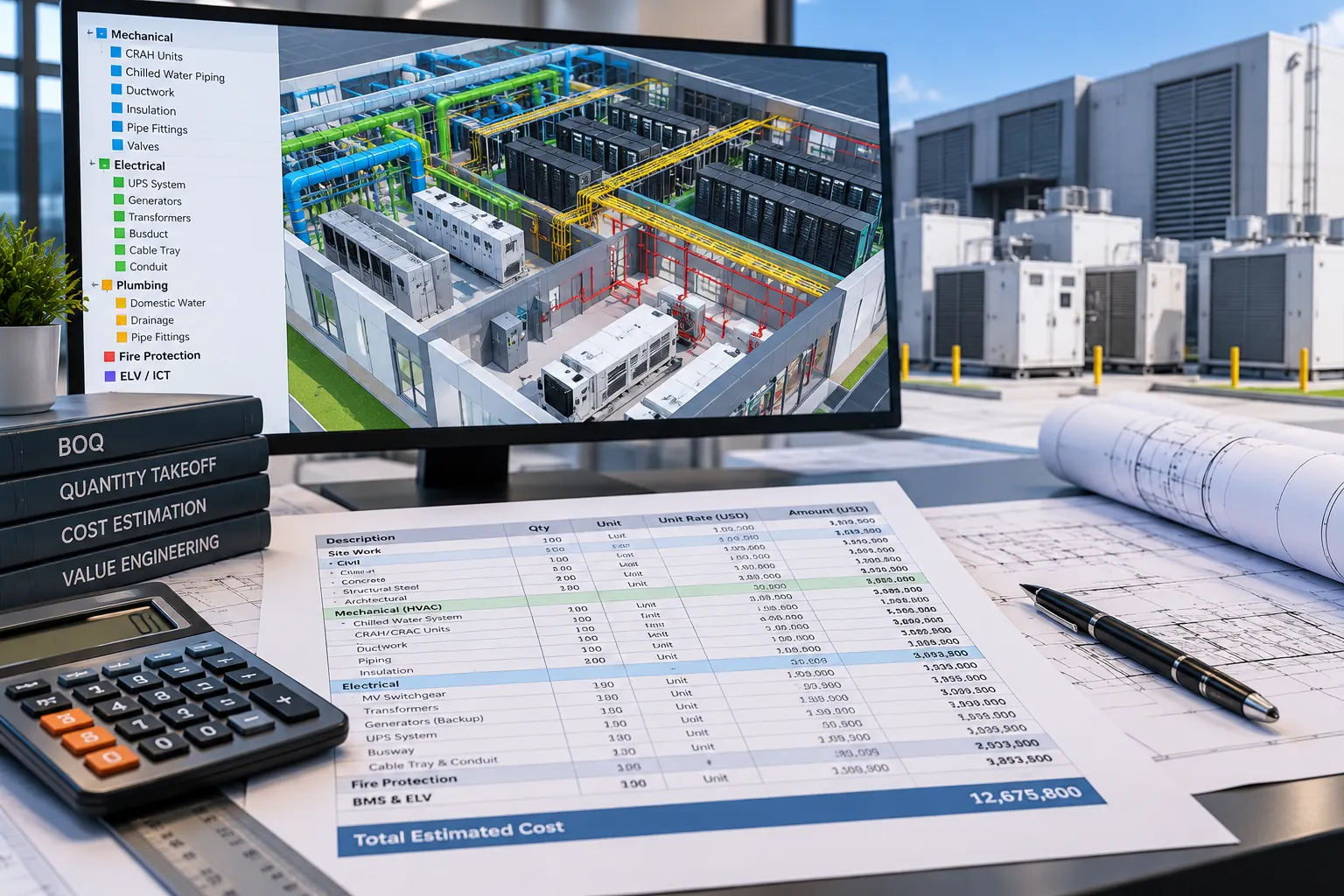 Data center construction estimating for electrical, mechanical and cooling infrastructure