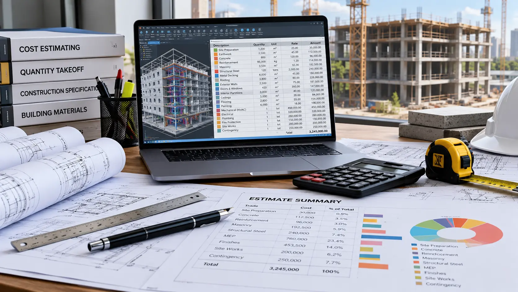 Digital construction model and building drawings supporting quantity measurement and construction estimating