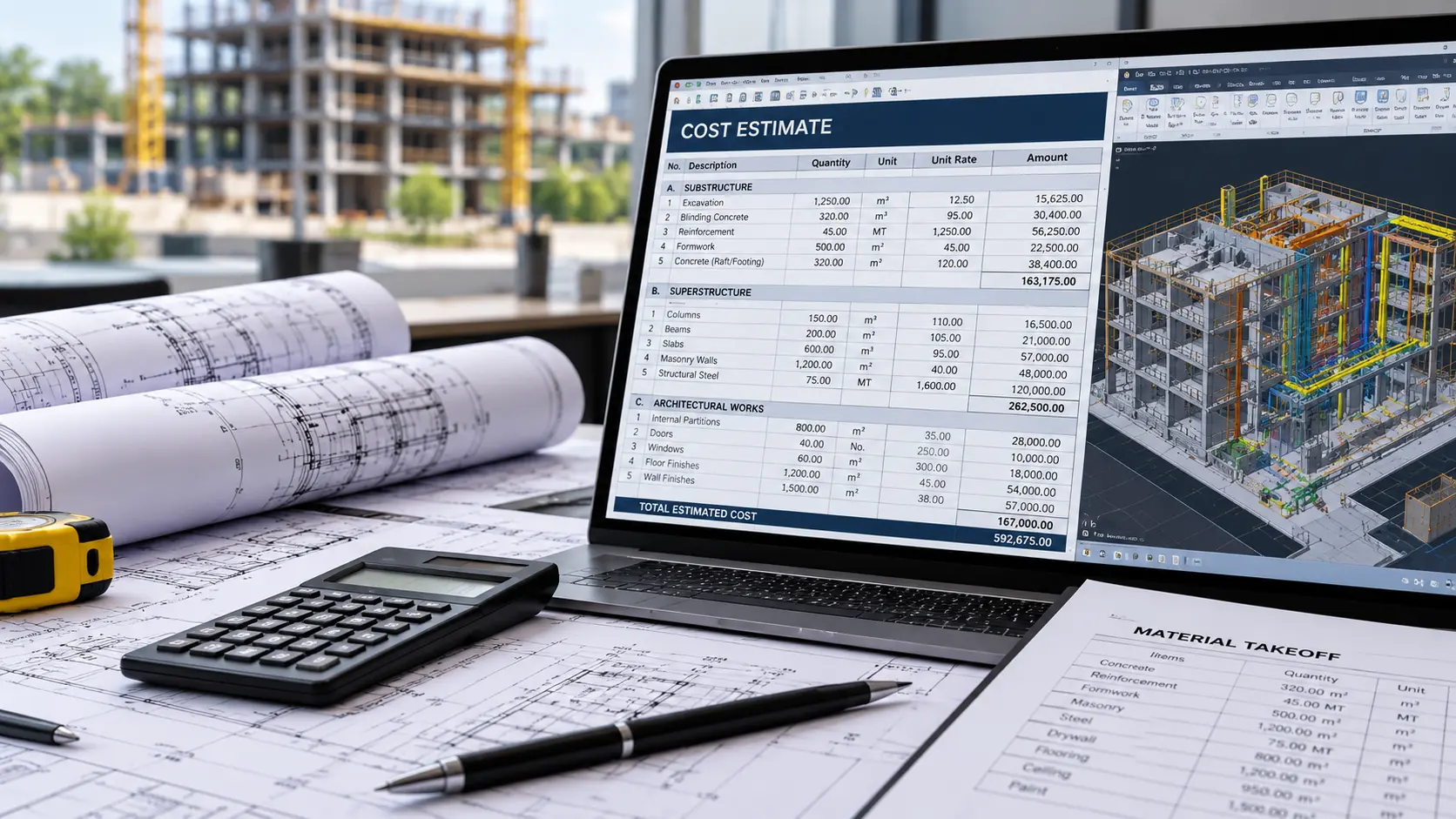Construction drawing quantity takeoff used to prepare material estimates and trade cost breakdowns