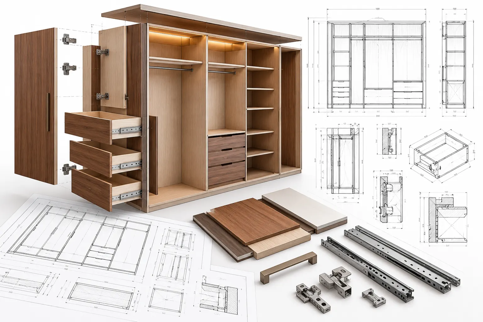 Joinery CAD drawings showing technical details for cabinetry and millwork fabrication
