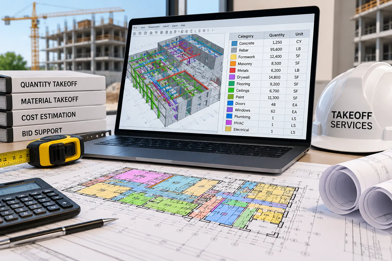 Building construction drawings and digital quantity takeoff documentation for Arizona contractor projects