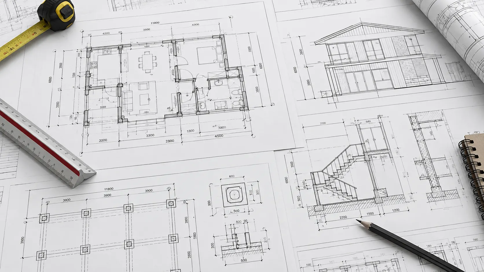 2D CAD construction drawing showing dimensioned architectural plans and detailed technical drafting