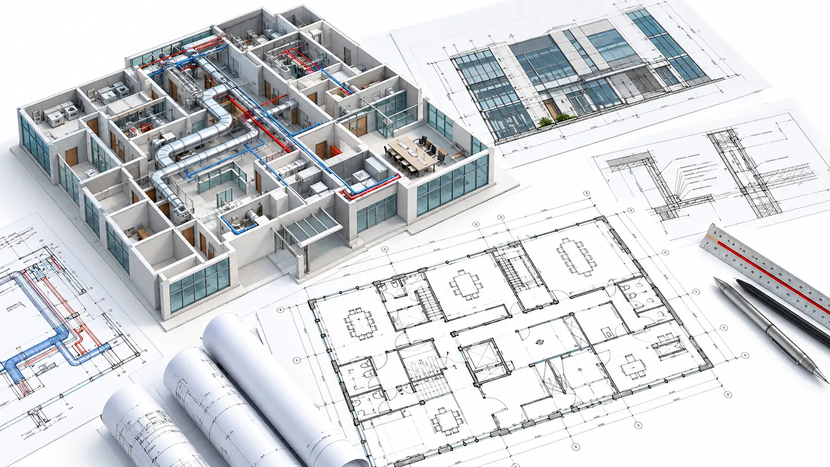 CAD drafting workflow reviewing architectural structural and MEP drawing mark-ups for a Cardiff project