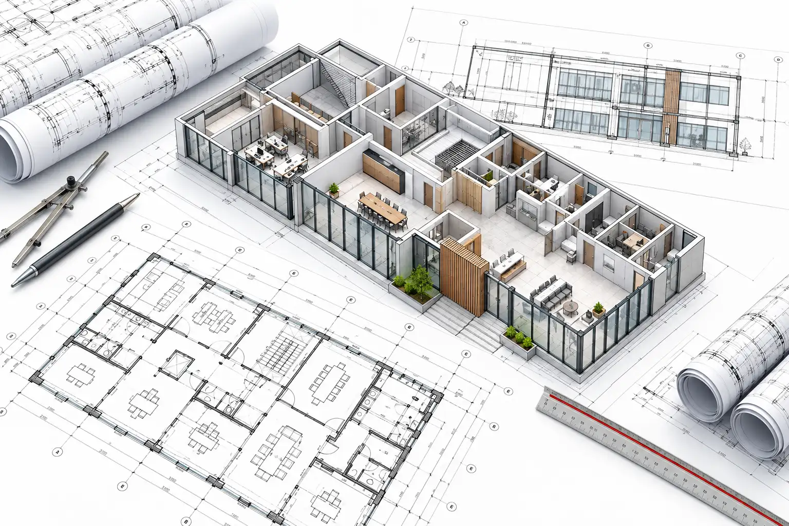 CAD drafting workflow reviewing architectural structural and MEP drawings for a Cardiff project