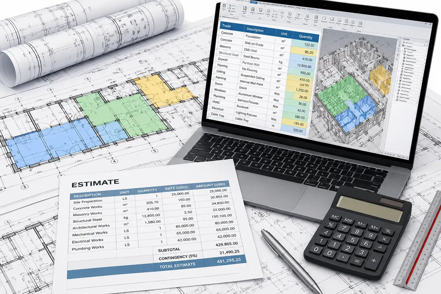 Construction estimating workflow reviewing drawings quantities and trade costs for a Hamilton project